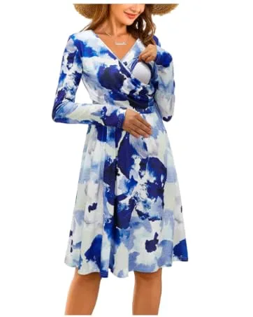 OUGES Womens V-Neck Long/Short Sleeve Casual Floral Maternity Dresses Nursing Gown Breastfeeding Dress with Pockets L Black592 - Nursing Dress