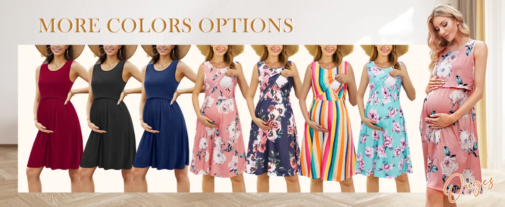 OUGES Womens V-Neck Long/Short Sleeve Casual Floral Maternity Dresses Nursing Gown Breastfeeding Dress with Pockets S Pink592 - nursing dress