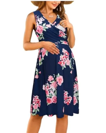 OUGES Womens V-Neck Long/Short Sleeve Casual Floral Maternity Dresses Nursing Gown Breastfeeding Dress with Pockets L Navy592 - Maternity Dresses