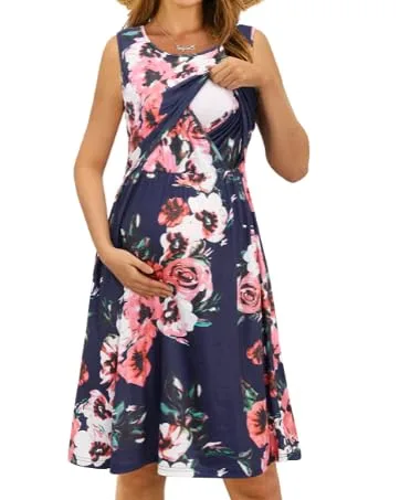 OUGES Womens V-Neck Long/Short Sleeve Casual Floral Maternity Dresses Nursing Gown Breastfeeding Dress with Pockets L Green592 - product information 2