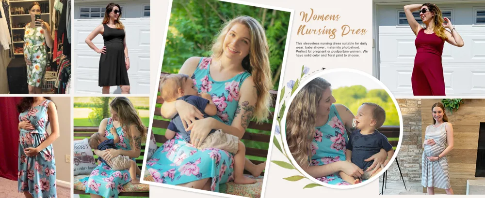 OUGES Womens V-Neck Long/Short Sleeve Casual Floral Maternity Dresses Nursing Gown Breastfeeding Dress with Pockets XL Black592 - summer maternity dress