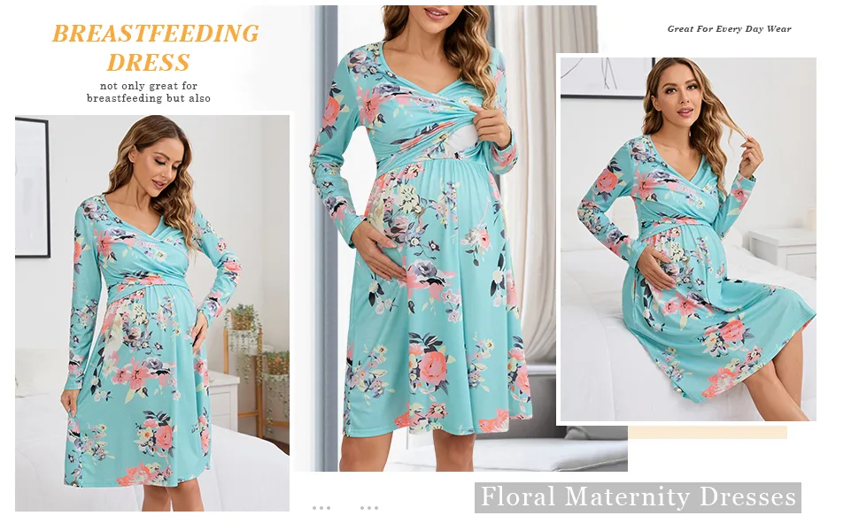 OUGES Womens V-Neck Long/Short Sleeve Casual Floral Maternity Dresses Nursing Gown Breastfeeding Dress with Pockets XL Long Sleeve-floral C - 3152