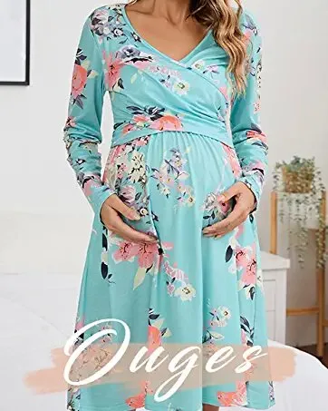 OUGES Womens V-Neck Long/Short Sleeve Casual Floral Maternity Dresses Nursing Gown Breastfeeding Dress with Pockets XL Long Sleeve-floral C - OUGES DRESS