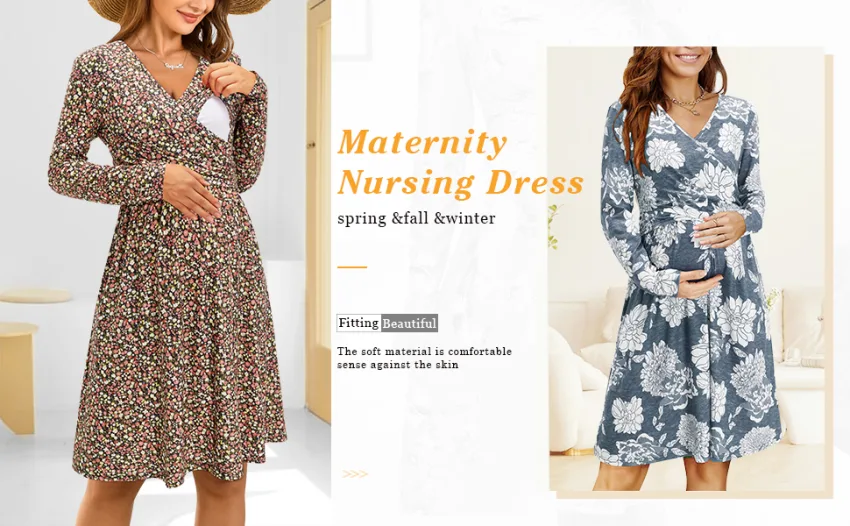OUGES Womens V-Neck Long/Short Sleeve Casual Floral Maternity Dresses Nursing Gown Breastfeeding Dress with Pockets M Long Sleeve-floral C - 3151