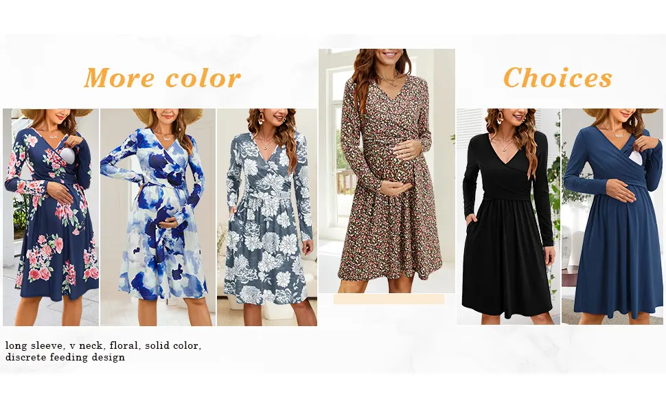 OUGES Womens V-Neck Long/Short Sleeve Casual Floral Maternity Dresses Nursing Gown Breastfeeding Dress with Pockets M Long Sleeve-floral C - 3154