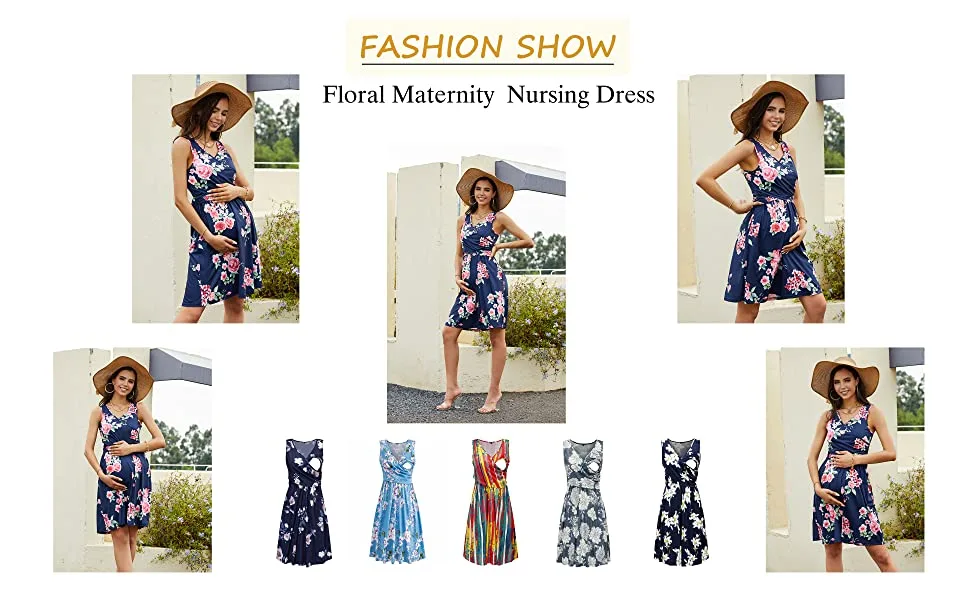 OUGES Womens V-Neck Long/Short Sleeve Casual Floral Maternity Dresses Nursing Gown Breastfeeding Dress with Pockets M Long Sleeve-floral C - 6616