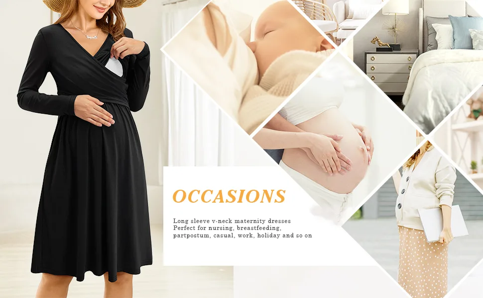 OUGES Womens V-Neck Long/Short Sleeve Casual Floral Maternity Dresses Nursing Gown Breastfeeding Dress with Pockets XL Long Sleeve-floral D - 3153