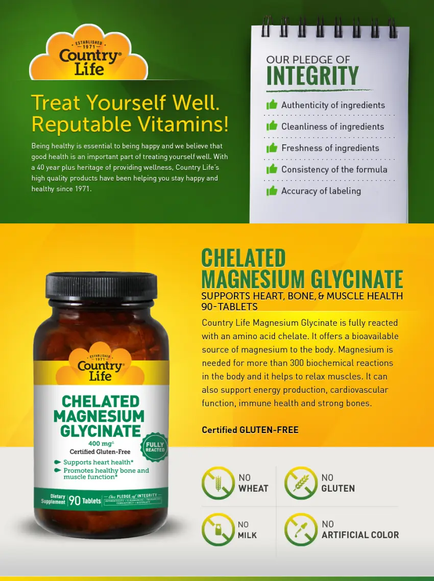Country Life Chelated Magnesium Glycinate 400 mg 90 Tablets - product information 1