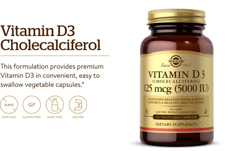 Solgar Vitamin D3 (Cholecalciferol) 125 mcg (5000 IU) 120 Vegetable Capsules - Solgar