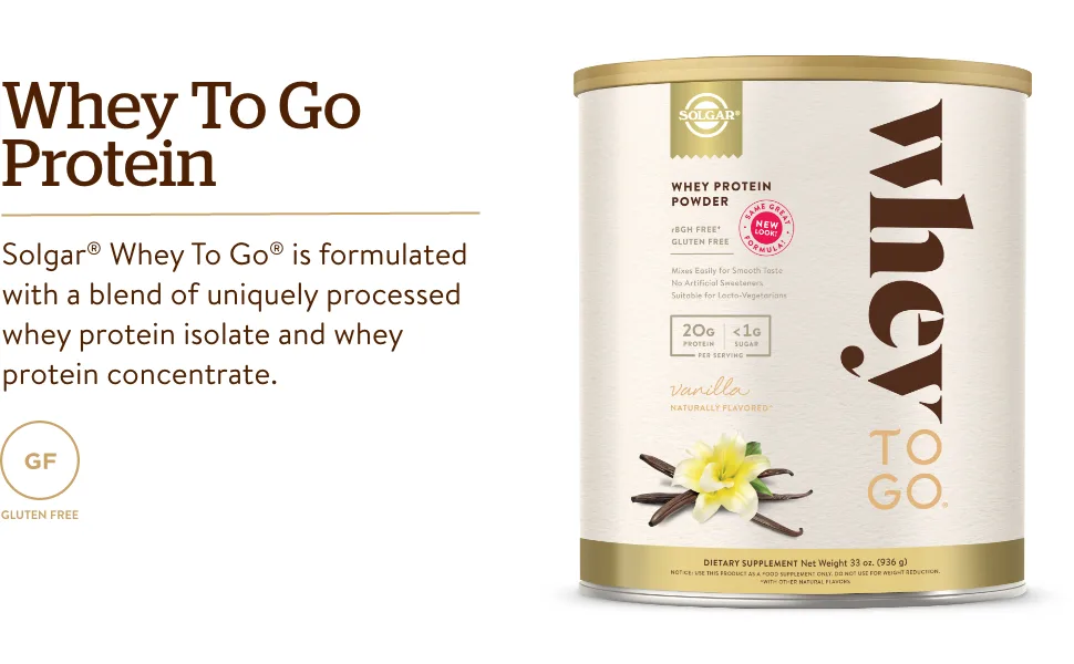 Solgar Whey To Go Whey Protein Powder Vanilla 33 oz (936 g) - Whey Protein Isolate and Concentrate - Mixes Easily for Smooth Taste