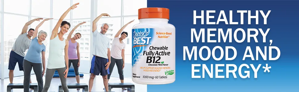 Doctor's Best Chewable Fully Active B12 Chocolate Mint 1000 mcg 60 Tablets - Active B12 healthy memory mood and energy doctor