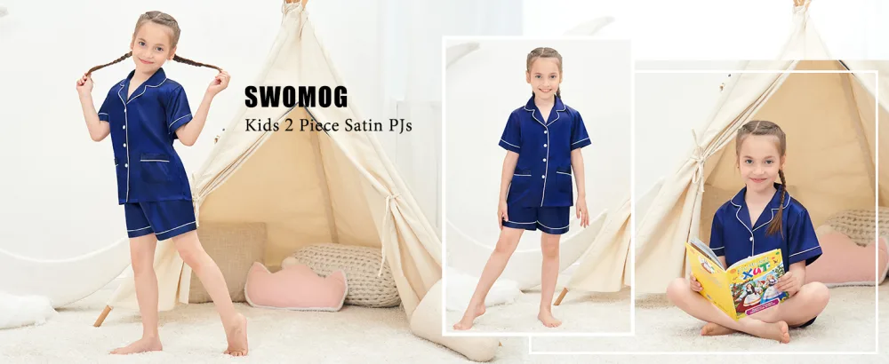 SWOMOG Kids Satin Pyjamas Sets Girls Boys Button-Down Pjs Short Sleeve Silk Nightwear 2 Piece Lounge Sets 8-9 Years Black - kid pyjamas