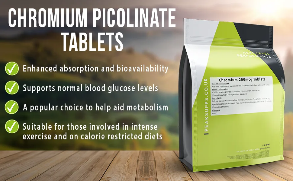 Chromium Picolinate 200mcg - 180 Tablets | Vegan - Peak Supps Chromium Picolinate Tablets