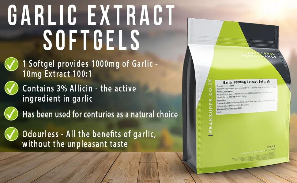 Garlic Extract 1000mg - 500 Softgel Capsules 3% Allicin - Peak Supps Garlic Extract Softgels