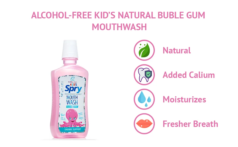 Xlear Kid's Spry Mouth Wash Enamel Support Alcohol-Free Natural Bubble Gum 16 fl oz (473 ml) - toothpaste for kids antiseptic mouthwash