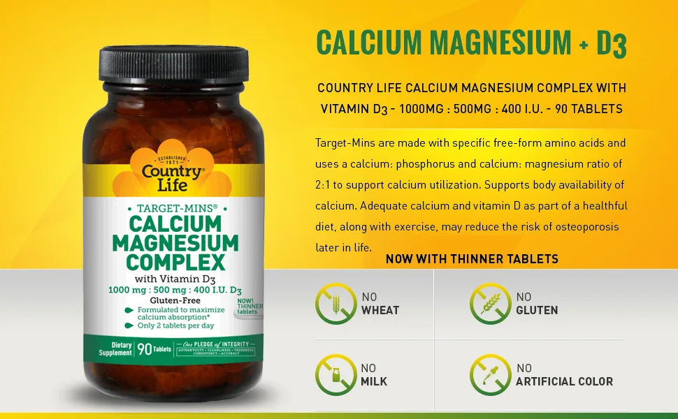 Country Life Target-Mins Calcium Magnesium Complex with Vitamin D3 90 Tablets - product information 2