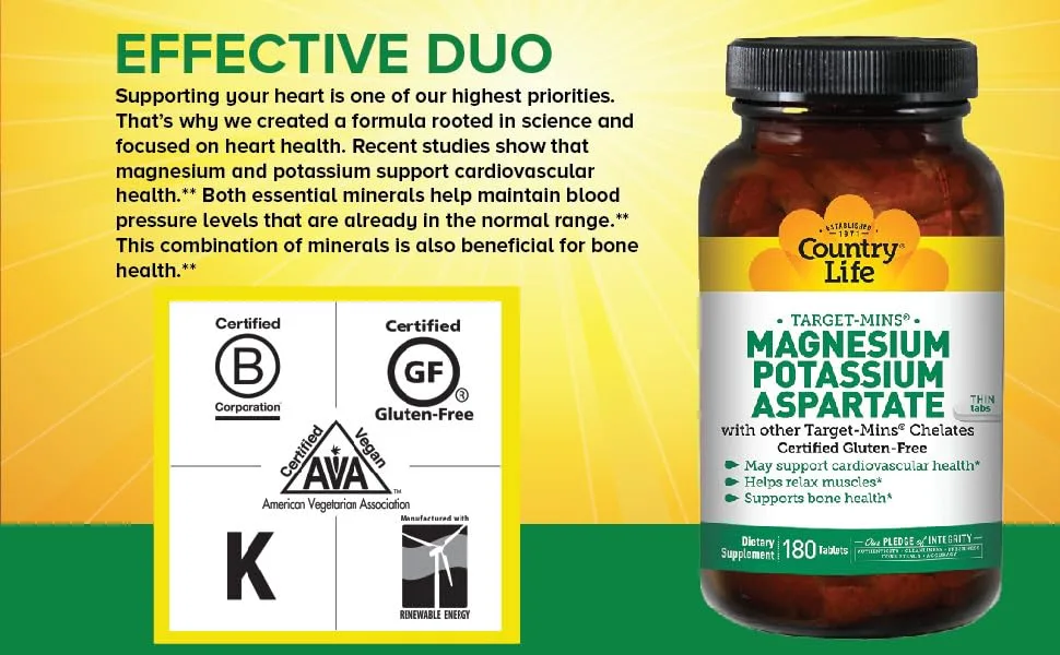 Country Life Target-Mins Magnesium Potassium Aspartate 180 Tablets - magnesium potassium