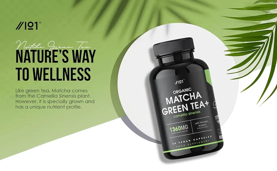 Organic Matcha Green Tea Extract 1360mg - Boosted with Turmeric Acerola & Black Pepper 90 Vegan Capsules. - Organic Matcha Green Tea Extract Capsules - 1360mg