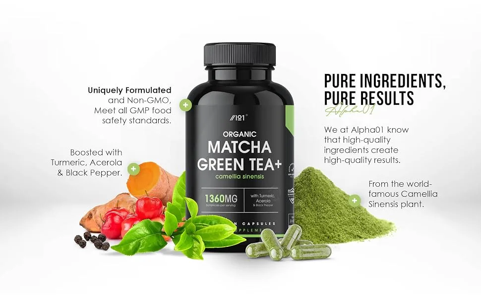 Organic Matcha Green Tea Extract 1360mg - Boosted with Turmeric Acerola & Black Pepper 90 Vegan Capsules. - Organic Matcha Green Tea Extract Capsules - 1360mg
