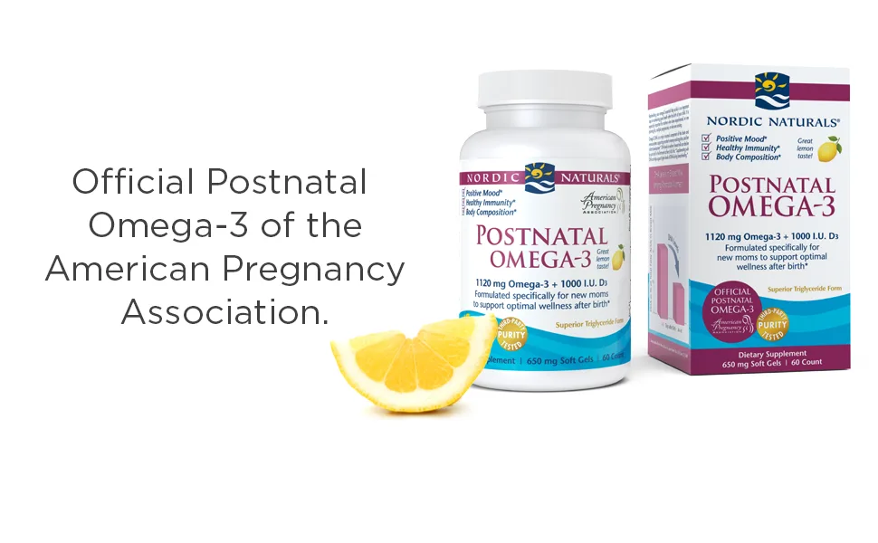 Nordic Naturals Postnatal Omega-3 Lemon 650 mg 60 Soft Gels - Postnatal Box and bottle image