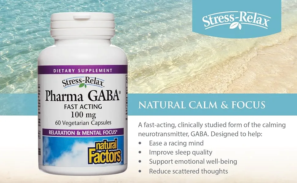Natural Factors Stress Relax Pharma GABA 100 mg 60 Vegetarian Capsules - Natural calm & focus
