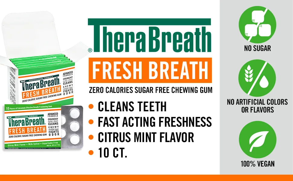 TheraBreath Fresh Breath Sugar Free Chewing Gum Mild Vanilla Mint Flavor 10 Pieces Pack of 6 - TheraBreath