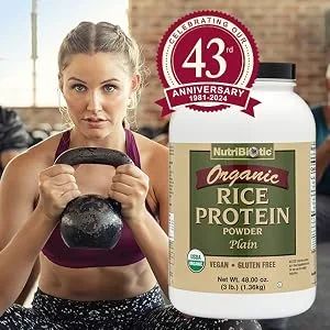 NutriBiotic Certified Organic Rice Protein Plain, 3 Pound | Low Carbohydrate Vegan Protein Powder | Raw, Certified Kosher & Keto Friendly | Made Without Chemicals, GMOs & Gluten | Easy to Digest - Organic Rice Protein, Plain 3 Lb - Anniversary Image
