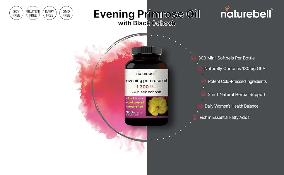 NatureBell NatureBell Evening Primrose Oil with Black Cohosh 1,300 mg Per Serving - 300 Mini Softgels - product information 2