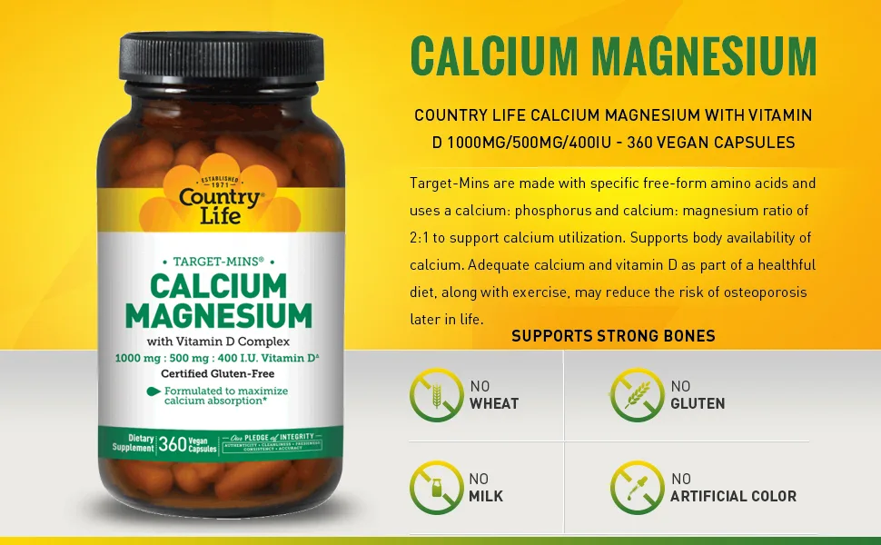 Country Life Target-Mins Calcium Magnesium with Vitamin D Complex 360 Vegan Capsules - product information 2