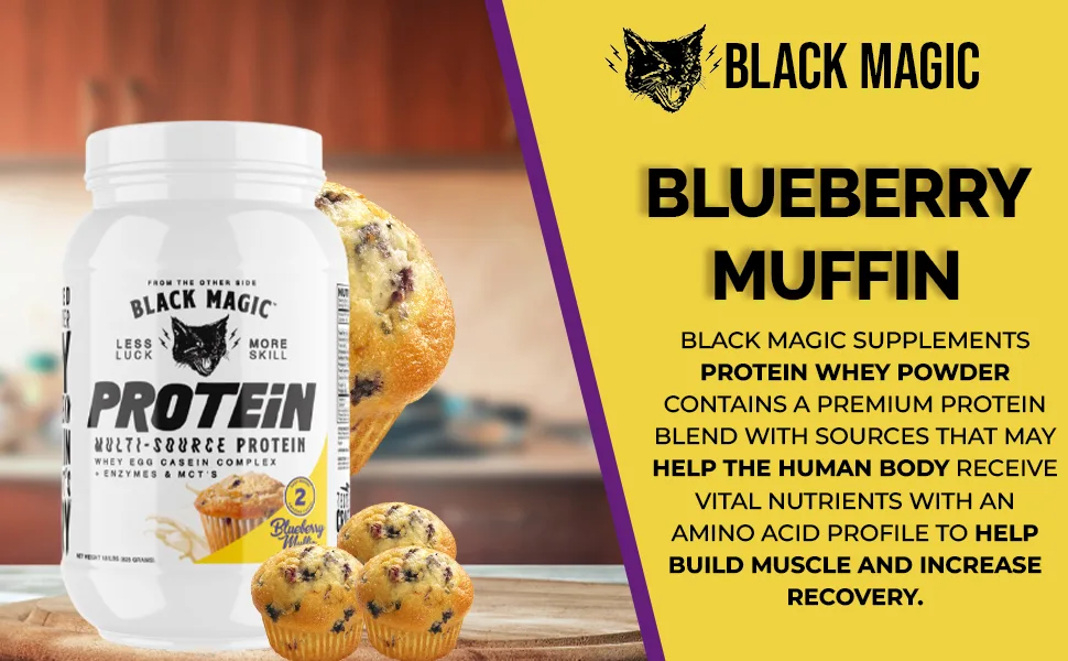 Worldwide Nutrition Bundle, 2 items: Black Magic Multi-Source Protein Powder - Whey, Egg Albumin Enzymes, Micellar Casein & MCTs - Bodybuilding -Blueberry Muffin Flavor - 2 LB & multi-purpose keychain - MODULE 1