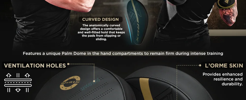 RDX Boxing Pads Curved Focus Mitts, Maya Hide Leather Kara Hook and jab Training Pads, Adjustable Strap Ventilated, MMA Muay Thai Kickboxing Coaching Martial Arts Punching Hand Target Strike Shield - RDX Boxing Pads Curved Focus Mitts, Maya Hide