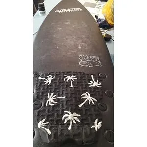 Ho Stevie! Premium Surfboard Traction Pad Black with White Palm Trees 3 Piece, Full Size, Maximum Grip, 3M Adhesive, for Surfing or Skimboarding  - traction pad on soft top foam surfboard