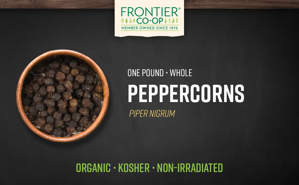 Frontier Natural Products Organic Whole Black Peppercorns Tellicherry 16 oz (453 g) - Frontier Co-op Peppercorns, Black Whole, Organic