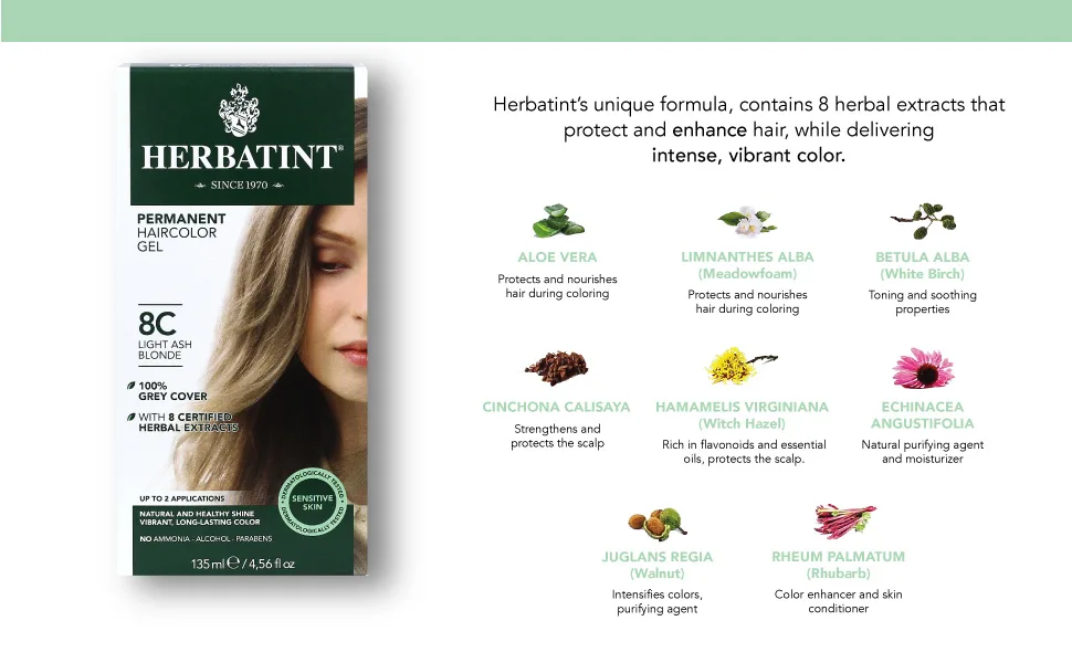 Herbatint Permanent Haircolor Gel 8C Light Ash Blonde 4.56 fl oz (135 ml) - herbatint