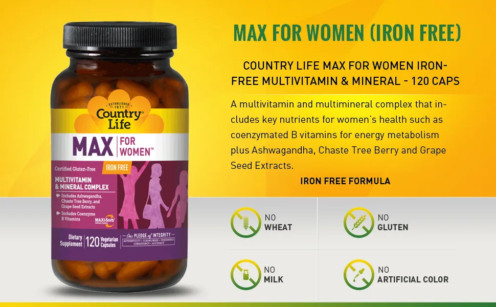 Country Life Max for Women Multivitamin & Mineral Complex Iron Free 120 Vegetarian Capsules - product information 2