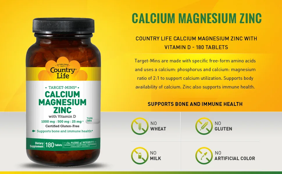 Country Life Target-Mins Calcium Magnesium Zinc with Vitamin D 180 Tablets - product information 2