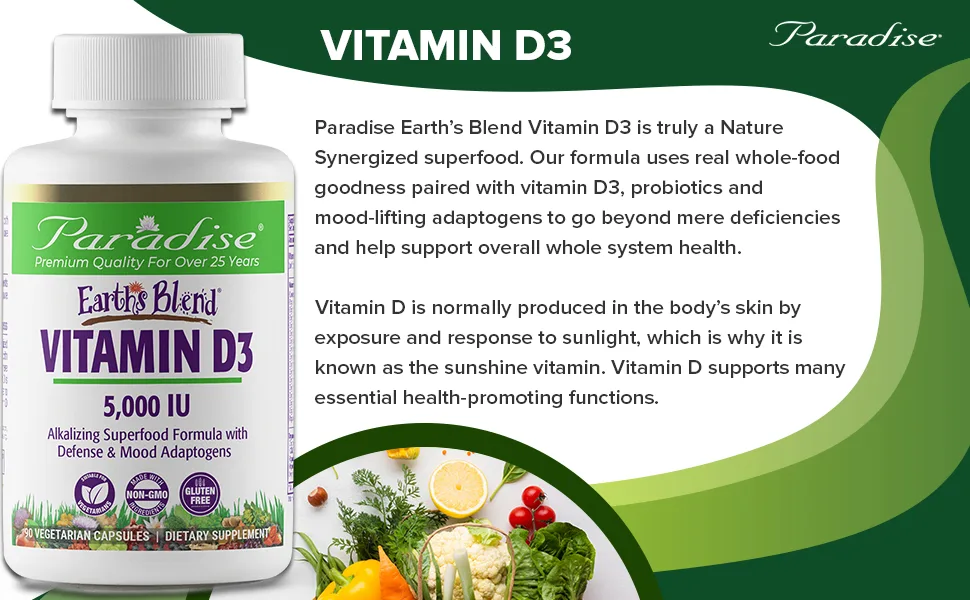 Paradise Herbs Earths Blend Vitamin D3 5000 IU 90 Vegetarian Capsules - Paradise Herbs