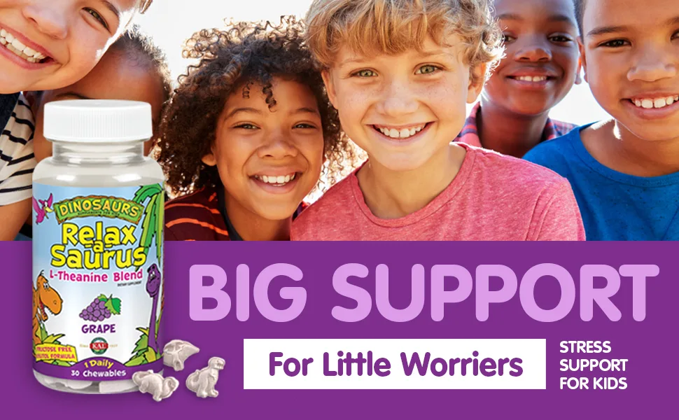 KAL Dinosaurs Relax-a-Saurus L-Theanine Blend Grape 30 Chewables - KAL Relax-a-Saurus Stress Support for Kids L-Theanine Relaxation Blend for Children 30 Servings