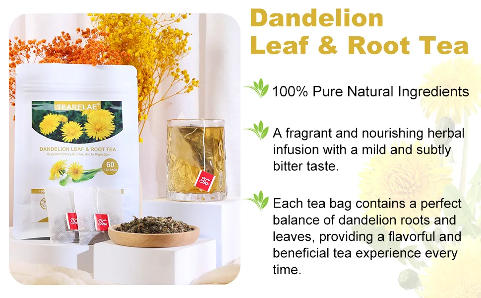 TEARELAE - Dandelion Leaf & Root Tea - 100% Pure Natural Dandelion Leaf and Root, 60 Counts Dandelion Tea Bags - Support Kidney, Aid in Digestion - Non-GMO - Caffeine-Free - Dandelion tea