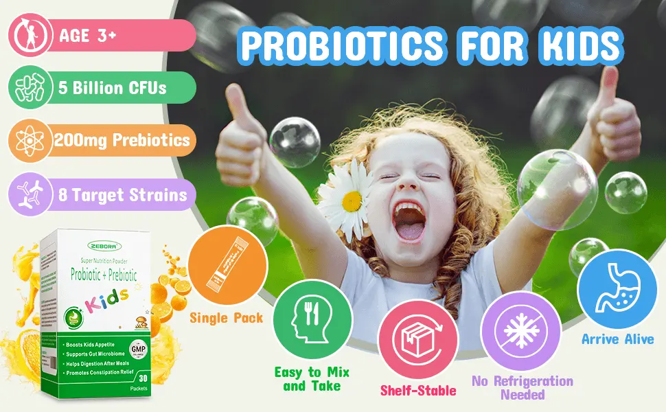 ZEBORA Kids Probiotic & Prebiotics Powder Age 3+ Support Children's Digestive & Immune System with Natural Source, Promotes Constipation Relief, Non-GMO, Gluten-Free, 30 Packets with 5 Billion CFUs - probiotics for kids