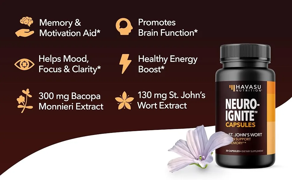 Havasu Nutrition Extra Strength Brain Supplement for Focus - 30 Capsules - brain supplement for focus, energy, memory & clarity saint johns wort