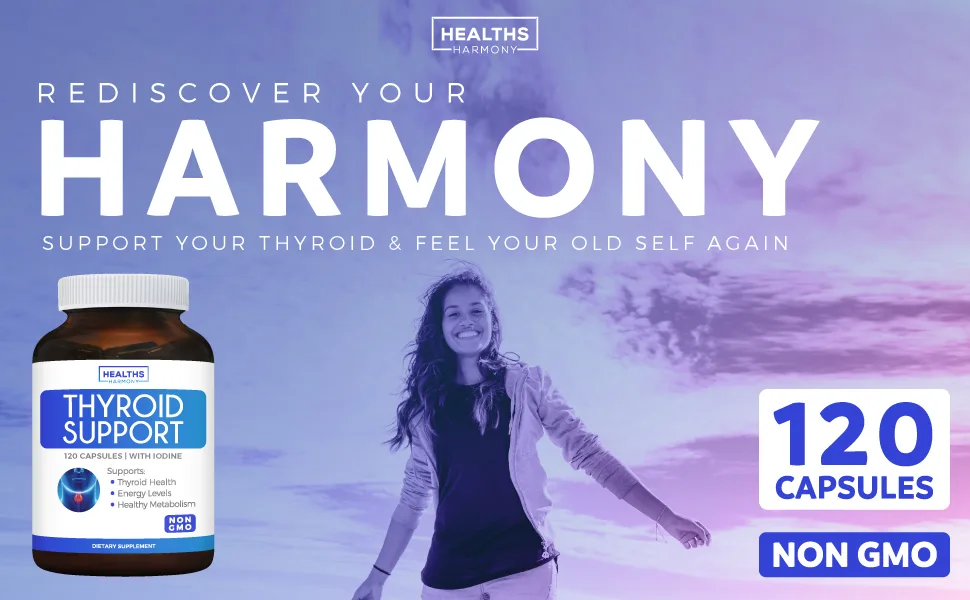 Healths Harmony Thyroid Support with Iodine Improve Your Energy & Increase Metabolism for Weight Los - 120 Capsules - Natural Thyroid Support - Increase Metabolism & Energy Levels - with Ashwagandha & L Tyrosine iodine