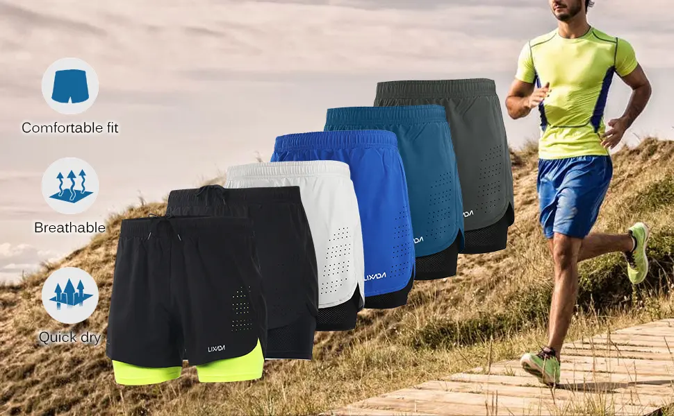 Lixada Men's 2-in-1 Running Shorts Quick Drying Breathable Active Training Exercise Jogging Cycling Shorts - product information 1