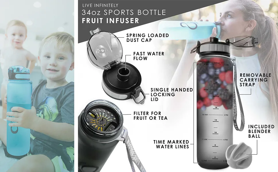 Live Infinitely Shaker with Time Marker 34 oz - fruit infuser water bottle