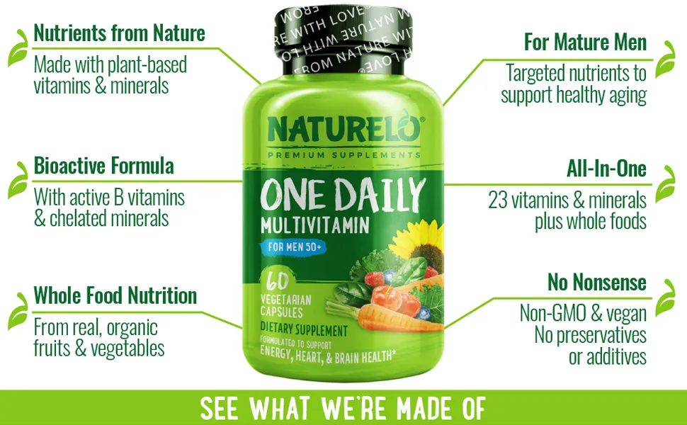 NATURELO One Daily Multivitamin for Men 50+ - with Vitamins & Minerals + Organic Whole Foods - Supplement to Boost Energy  General Health - Non-GMO - 60 Capsules - 2 Month Supply Over Age 50 60 Count (Pack of 1) - 60 count 50+