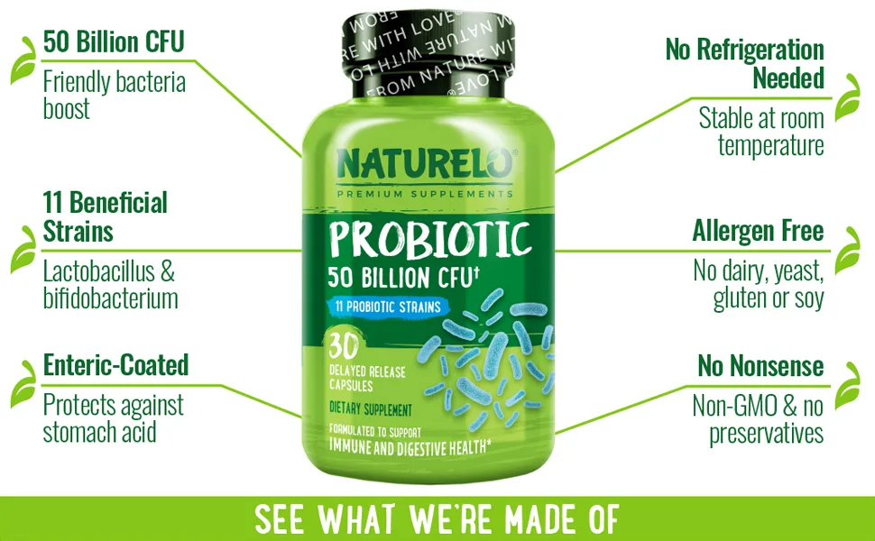 NATURELO Probiotic Supplement 50 Billion CFU - 30 Capsules - ATURELO, Probiotic Supplement, Digestive Health, Immune Support, digestion, gut health, gas relief