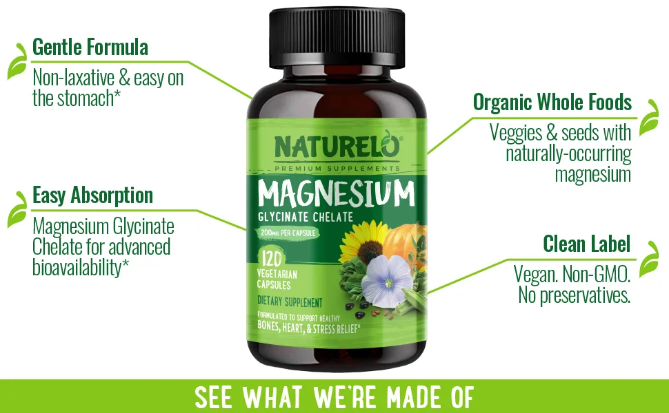 NATURELO Magnesium Glycinate Supplement - 120 Capsules - Magnesium, Callouts