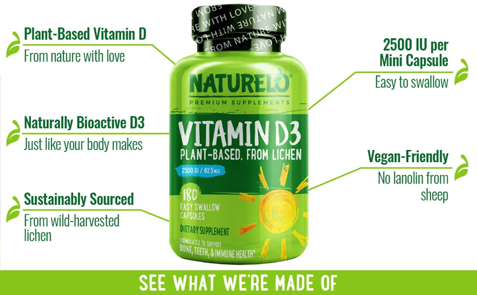 NATURELO Vitamin D - 2500 IU Plant Based - 180 Capsules - vitamin d, d3, plant based, lichen