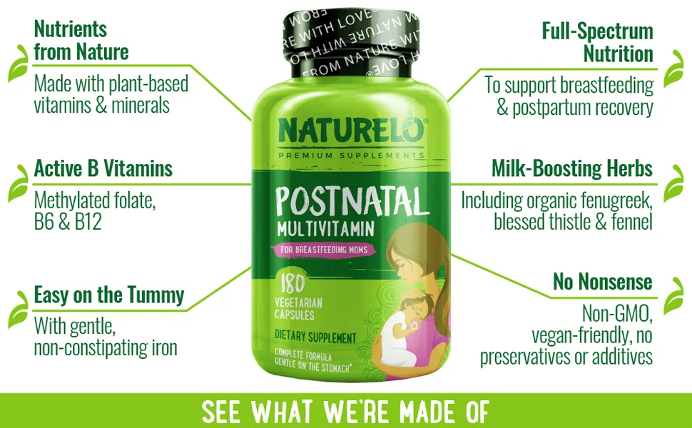 NATURELO Post Natal Multivitamin Whole Food Postnatal Supplement for Breastfeeding Women - 180 Capsules - NATURELO, Postnatal, Multivitamin, Supplement, Breastfeeding Women, Vitamin D, Folate, Iron, Vegan