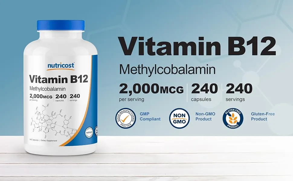 Nutricost Vitamin B12 (Methylcobalamin) 2000mcg - 240 Capsules  - Nutricost Vitamin B12 Methylcobalamin 2000 mcg 240 capsules 240 servings non-gmo gluten-free